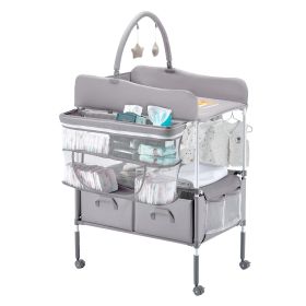 VEVOR Baby Changing Table, Foldable Diaper Change Station with 2 Fabric Drawers, Side Basket & Hanging Rod (Color: Light Gray, Shape: H Shape)