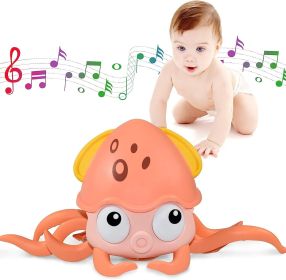 Rechargeable Baby Crawling Octopus Toy with Music LED Lighting Children Electric Moving Walking Kid Toy Obstacle Avoidance Function Suit for Kids (Color: Pink)